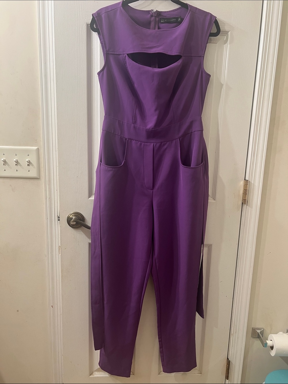 New York & Company Purple Sleeveless Cutout Jumpsuit